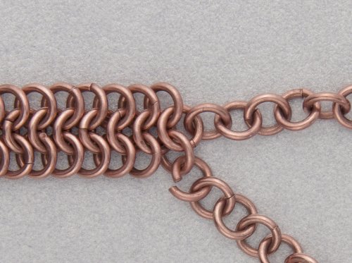 Kylie Jones's Copper Braided Chain Maille Bracelet - , Chain Maille Jewelry, Making Chain, Chain Making , Oxidizing Wire, Oxidizing, Antiquing Wire, Antiquing, Add an open copper jump ring through the bottom front ring.