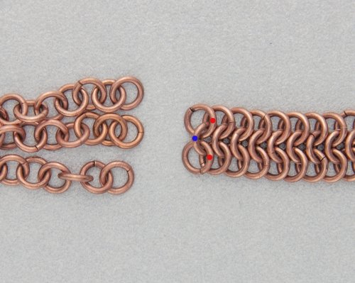 Kylie Jones's Copper Braided Chain Maille Bracelet - , Chain Maille Jewelry, Making Chain, Chain Making , Oxidizing Wire, Oxidizing, Antiquing Wire, Antiquing, Attach the braided chains to the other side of piece of chain maille.