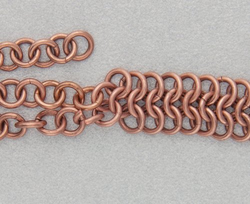 Kylie Jones's Copper Braided Chain Maille Bracelet - , Chain Maille Jewelry, Making Chain, Chain Making , Oxidizing Wire, Oxidizing, Antiquing Wire, Antiquing, Use an open jump ring to attach the outer two chains.