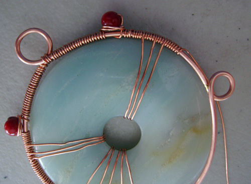 Mary Bailey's Spirit Pendant - , Contemporary Wire Jewelry, Coiling, Coiling Wire, Wire Coiling, Weaving, Wire Weaving, Weaving Wire, 18-gauge being trimmed and moved to back of the pendant.