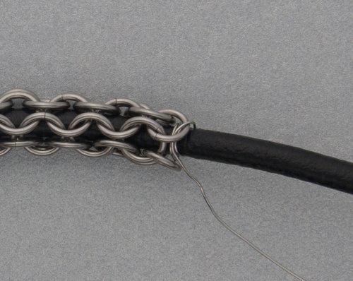 Kylie Jones's Leather and Chain Maille Bracelet - , Chain Maille Jewelry, Making Chain, Chain Making , bring the long end of the wire through a jump ring