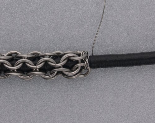 Kylie Jones's Leather and Chain Maille Bracelet - , Chain Maille Jewelry, Making Chain, Chain Making , Wrap the wire snugly around the leatehr about 8 times