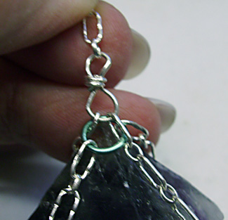 Dale Armstrong's Chained Fluorite Pendulum - , Contemporary Wire Jewelry, Wire Wrapping, Wrapping, Wire Wrapping Jewelry, Adding 21 gauge round half hard wire through the chain links to create a loop.