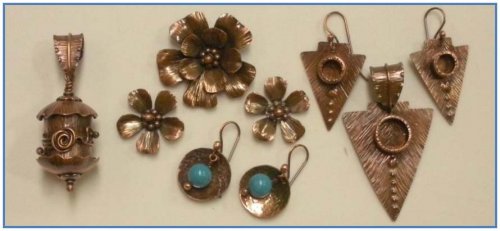 Judy Larson's Component Templates with Heart Earrings and Pendant - , Metalwork, How To Punch Holes, Hole Punching, Punch A Hole, Oxidizing Wire, Oxidizing, Antiquing Wire, Antiquing, Texturing, Copper sheet components 