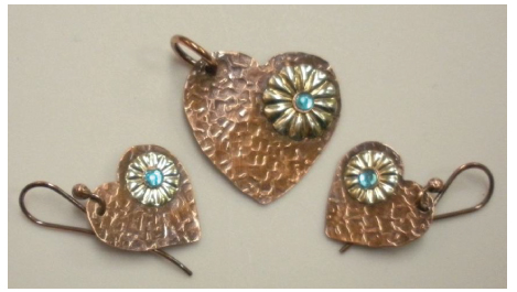 Judy Larson's Component Templates with Heart Earrings and Pendant - , Metalwork, How To Punch Holes, Hole Punching, Punch A Hole, Oxidizing Wire, Oxidizing, Antiquing Wire, Antiquing, Texturing, Addding jump rings or bails