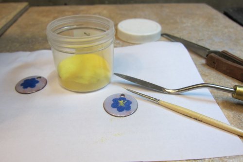 Karen Meador, Ph.D.'s Torch Enameled Stencil Earrings - , Enameling, Enamel Jewelry Supplies, Enamel, Enameling, Enameled Jewelry, add a bit of yellow enamel