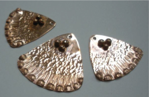 Judy Larson's Triangle Shield Earrings, Pendant and Bail - , Metalwork, Filing, Finishing, How To Punch Holes, Hole Punching, Punch A Hole, Oxidizing Wire, Oxidizing, Antiquing Wire, Antiquing, Sawing, Saw, Wire Saw, Texturing, 3 Copper triangles