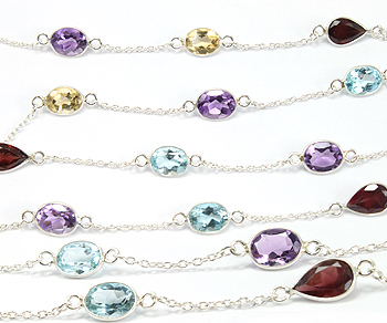 Sterling Silver Chain w/Bezelled Multi Semi Precious Stones 6.9x8.5 to 6.6x9.5mm - 1 Foot