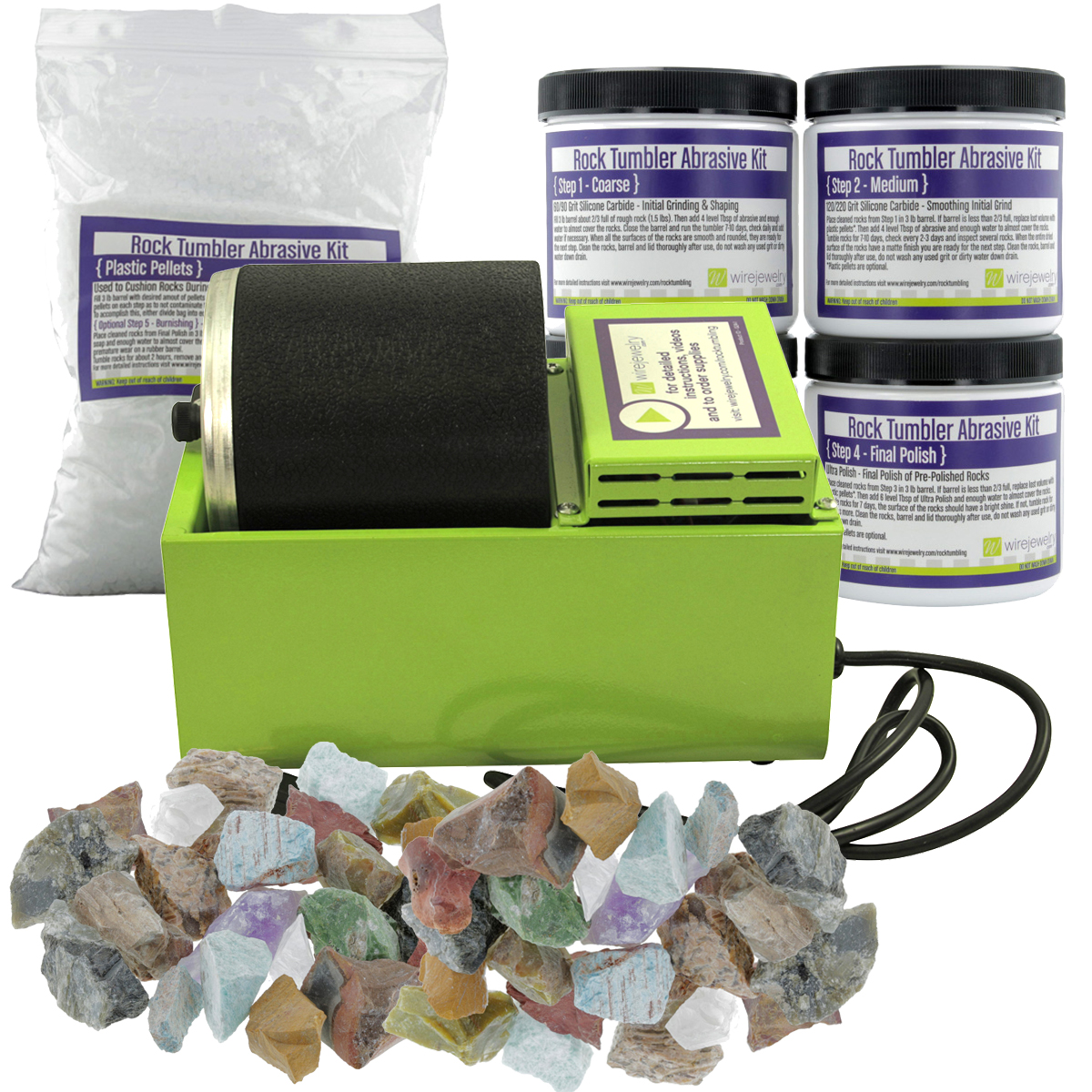 WireJewelry Single Barrel Rotary Rock Tumbler Deluxe Kit, Includes 3 Pounds  of Rough Madagascar Stone Mix and 5 Batches of 4 Step Abrasive Grit and  Polish: Jewelry Making Supplies, Instructions