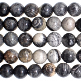 Black Silver Leaf Jasper 6mm Round 8 inch Strand